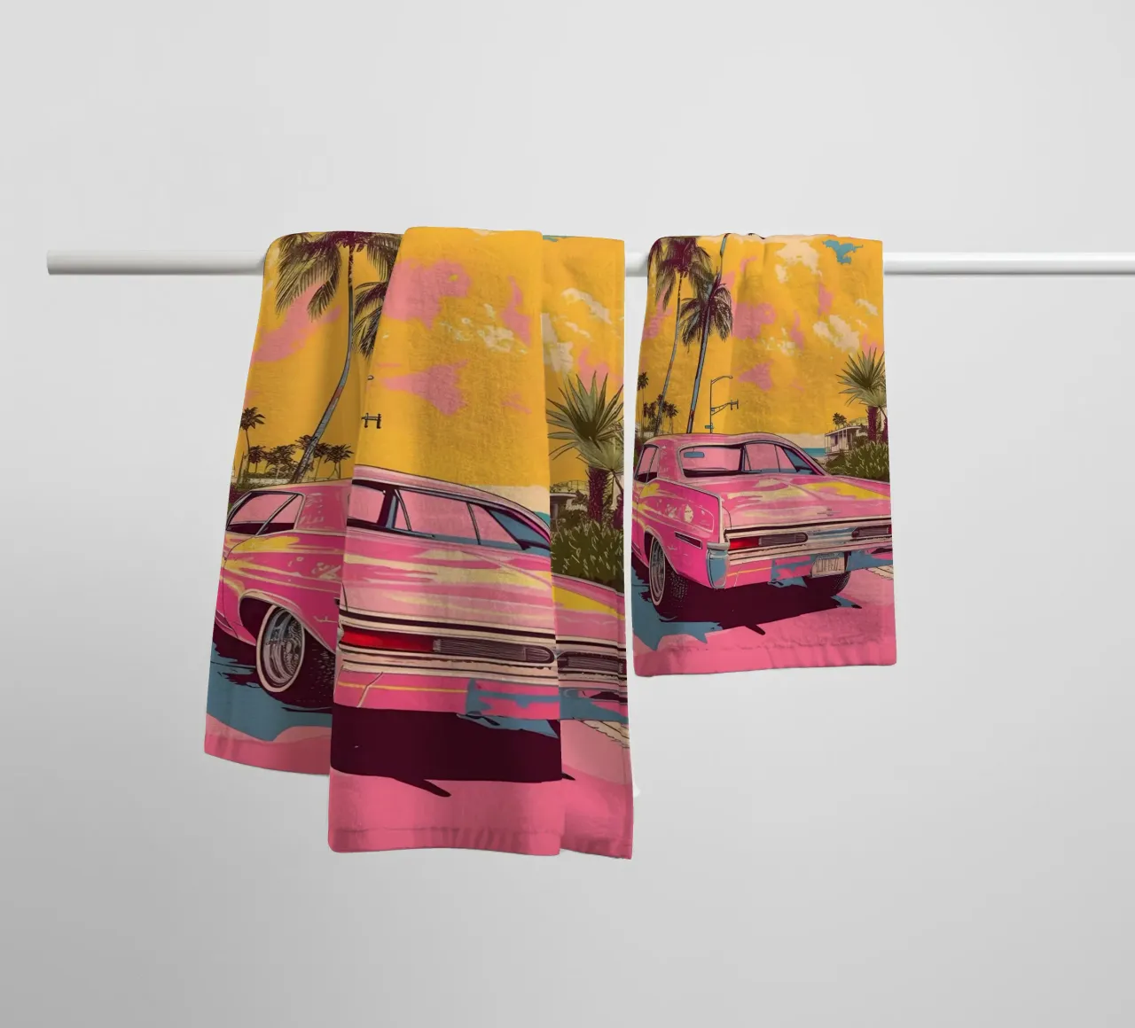 Sunset Cruise: Retro Pink Car, Palm Trees & Miami Vibes Art towel by NorwesClub
