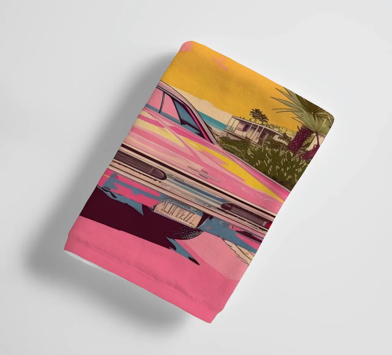 Sunset Cruise: Retro Pink Car, Palm Trees & Miami Vibes Art towel by NorwesClub