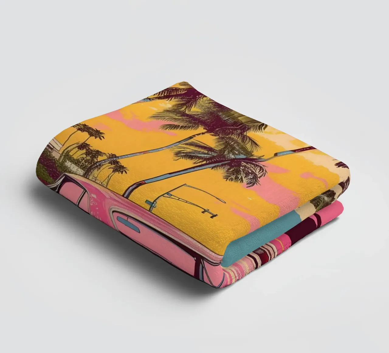 Sunset Cruise: Retro Pink Car, Palm Trees & Miami Vibes Art towel by NorwesClub