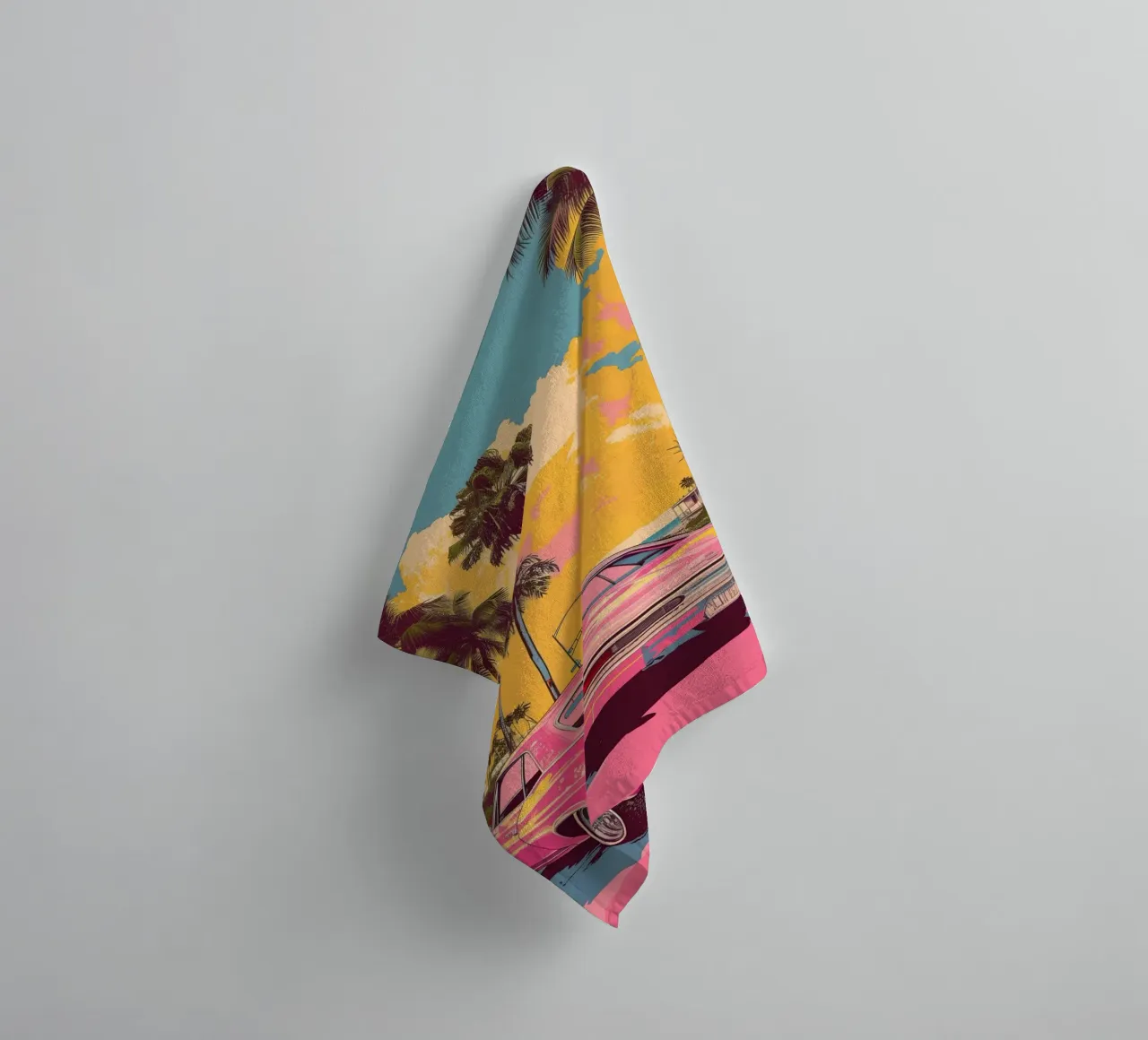 Sunset Cruise: Retro Pink Car, Palm Trees & Miami Vibes Art towel by NorwesClub