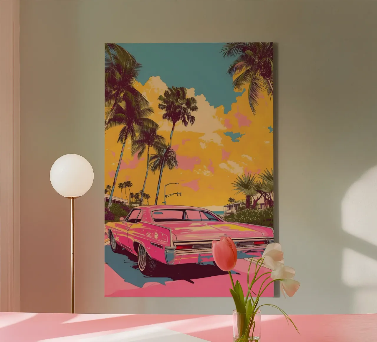 Cruise bij zonsondergang: Retro Roze Auto, Palmbomen & Miami Vibes Kunst canvas met Baklijst van NorwesClub