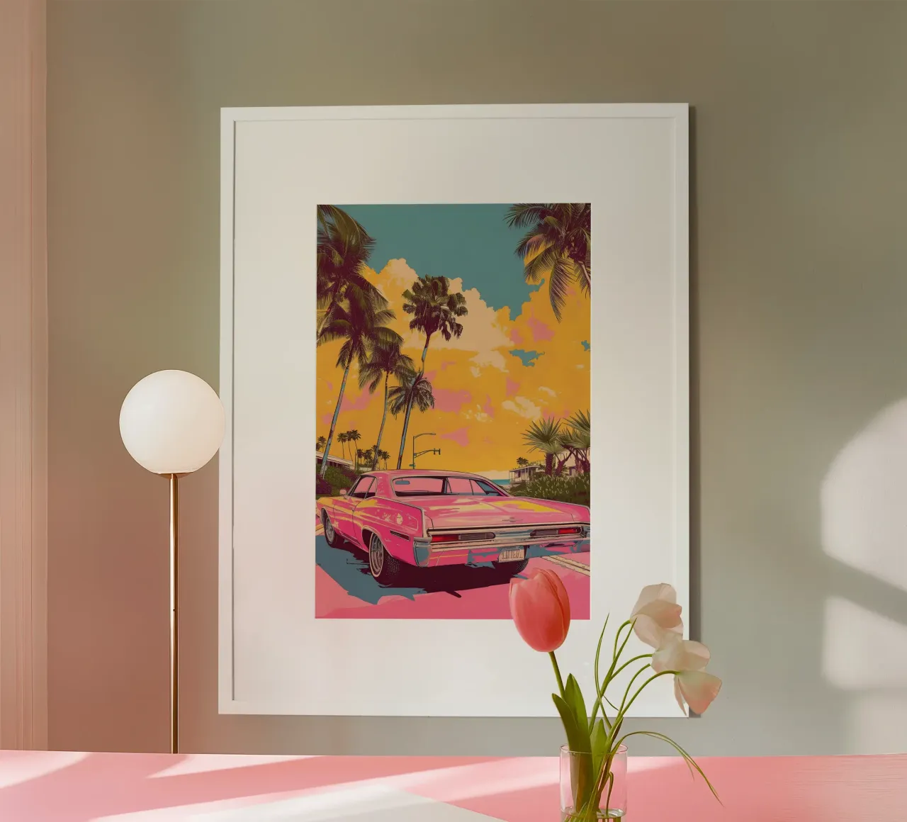 Crociera al tramonto: Auto rosa retrò, palme e arte Miami Vibes poster da NorwesClub