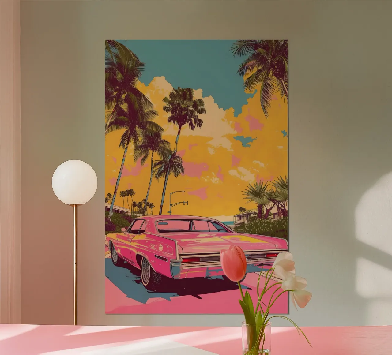 Crociera al tramonto: Auto rosa retrò, palme e arte Miami Vibes poster da NorwesClub