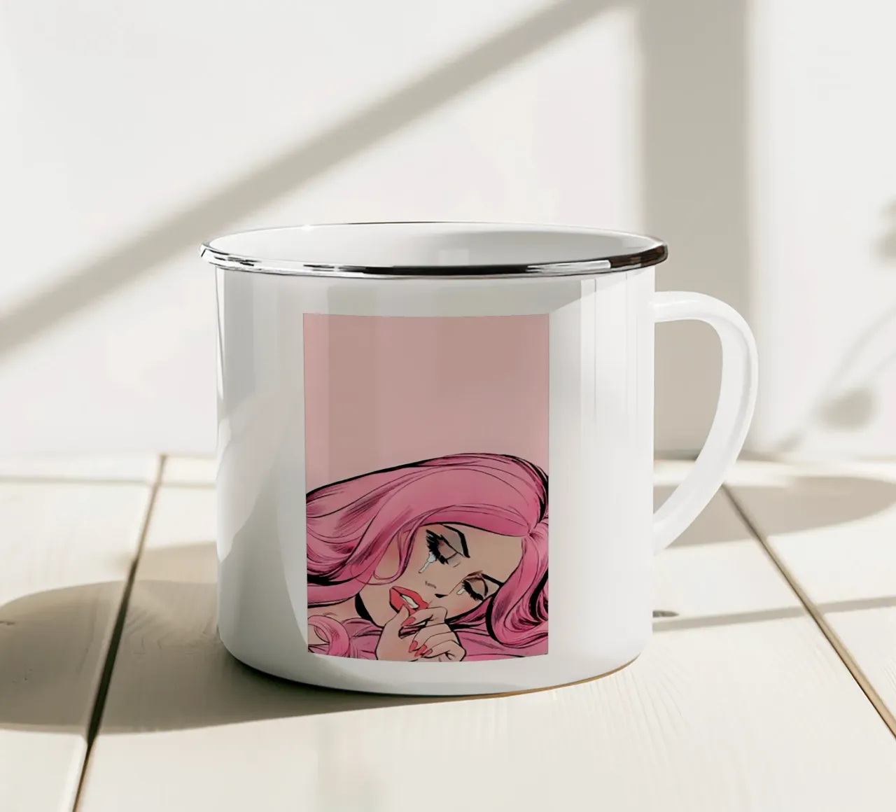 Pop Art Sorrow: Capelli rosa che piangono, stampa emotiva a fumetti tazza in smalto da NorwesClub