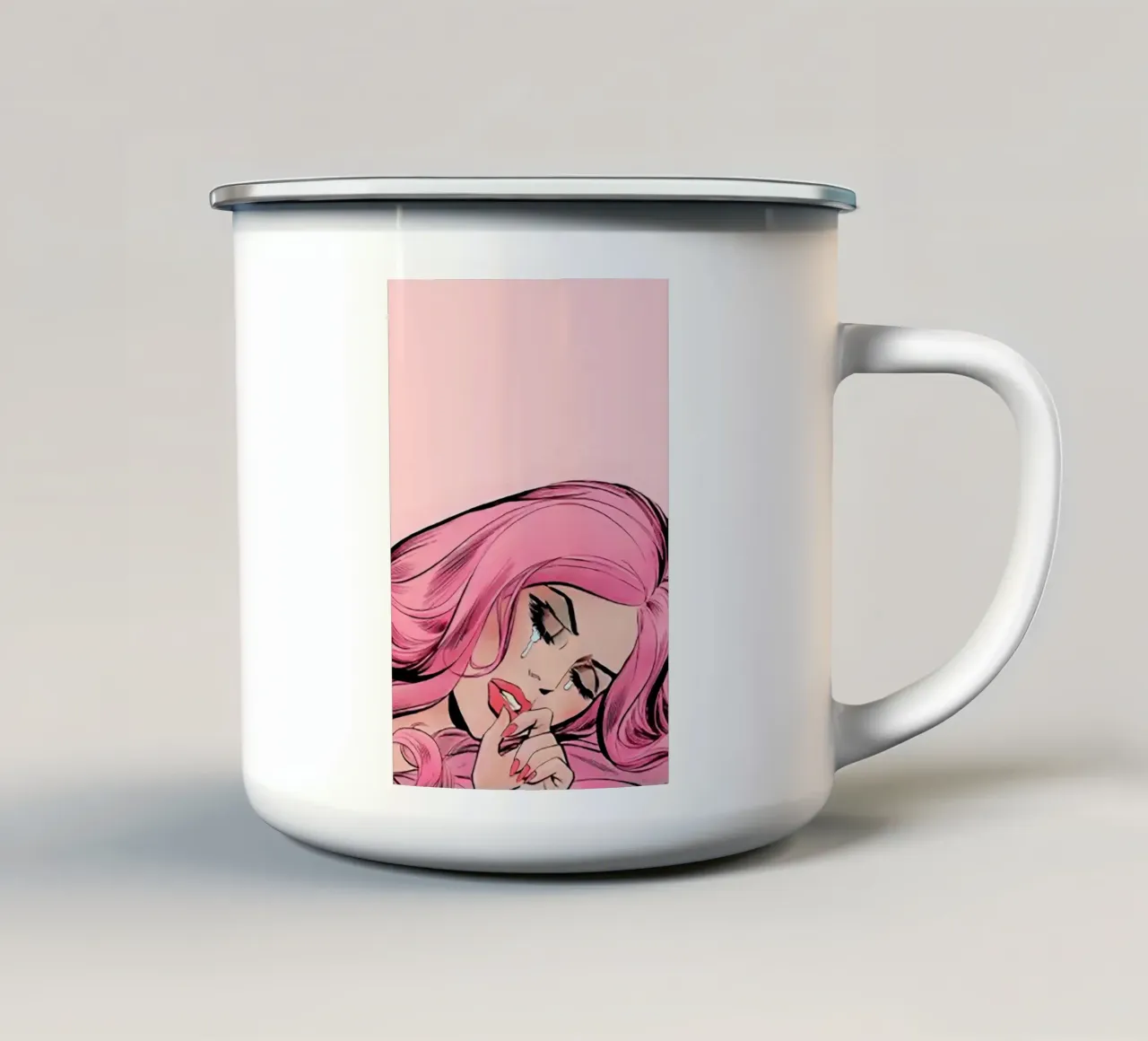 Pop Art Sorrow: Capelli rosa che piangono, stampa emotiva a fumetti tazza in smalto da NorwesClub