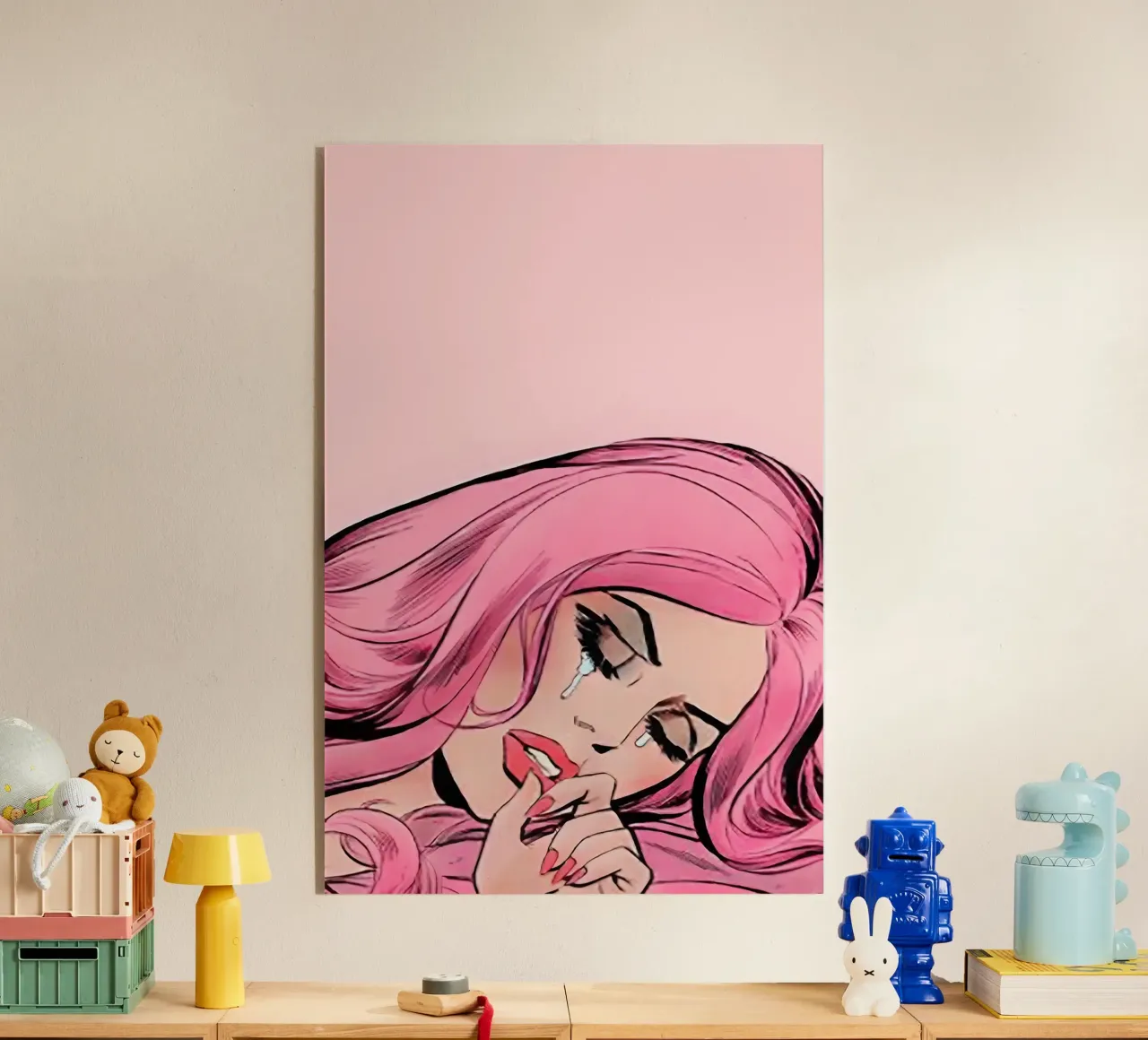 Chagrin Pop Art : Cheveux roses en pleurs, bande dessinée émotionnelle plexiglas de NorwesClub