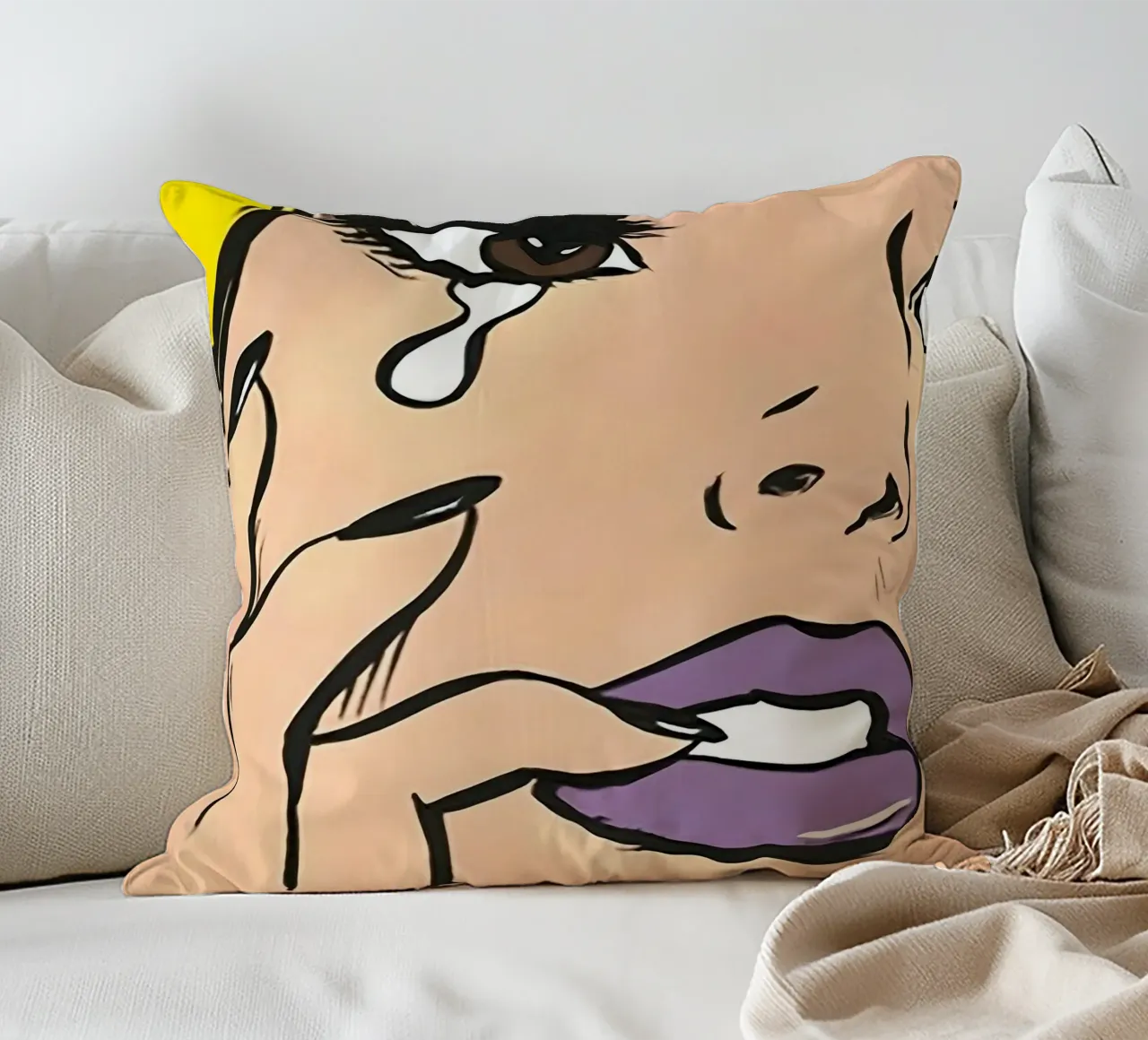Emotional Pop: Crying Woman, Yellow Hair & Comic Book Art decorative cushion by NorwesClub