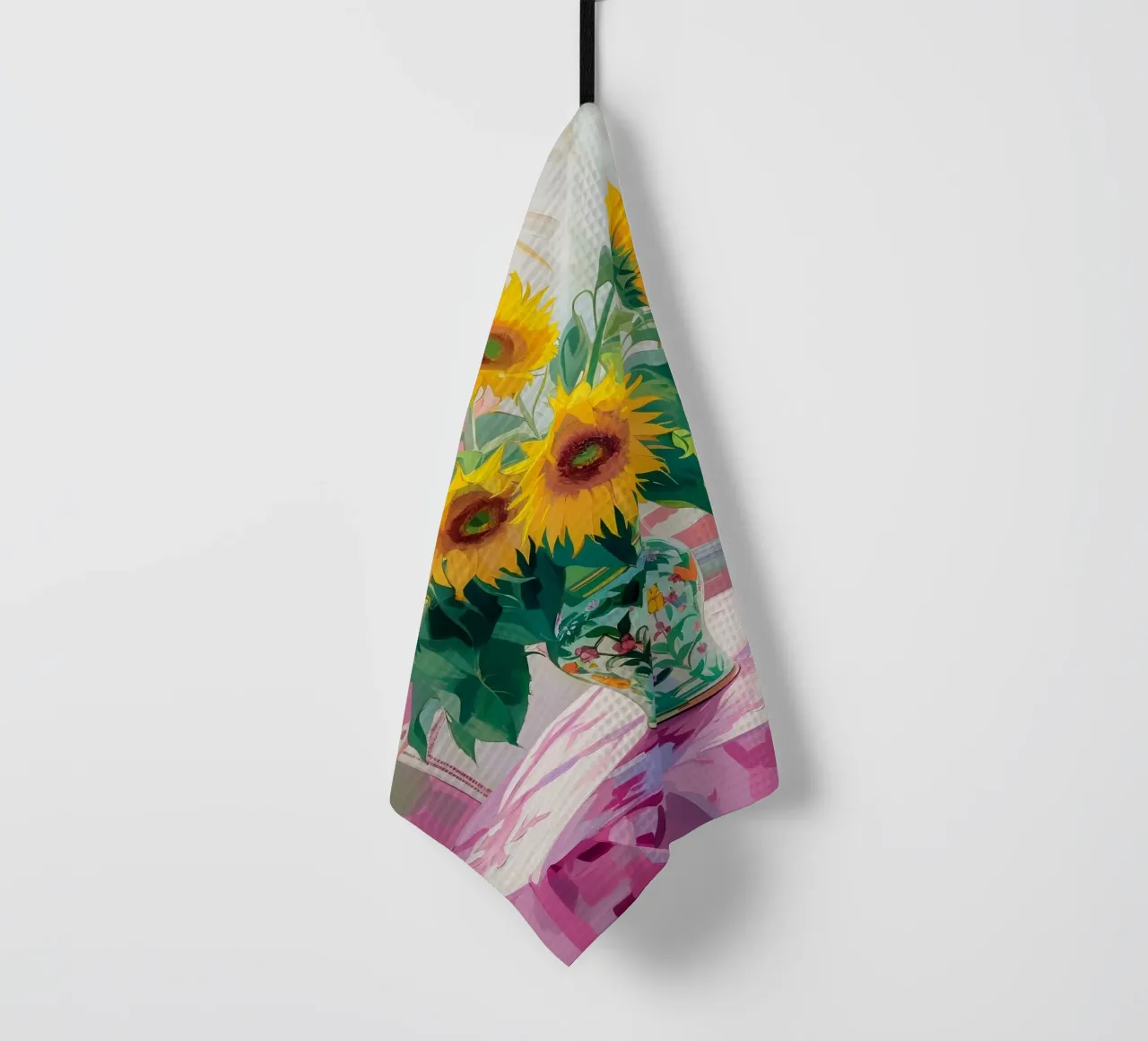 Sommer-Sonnenblumen: Ausdrucksstarkes Blumenstillleben, Pink & Yell Geschirrtuch von NorwesClub