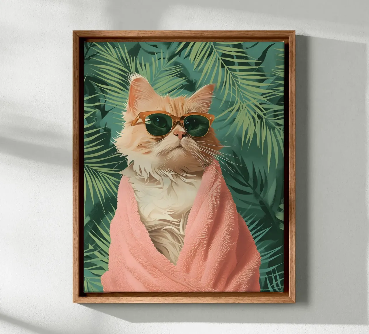 Cool Cat: Pop Art tropicale, occhiali da sole e stampa di asciugamani rosa tela con Cornice a cassetta da NorwesClub