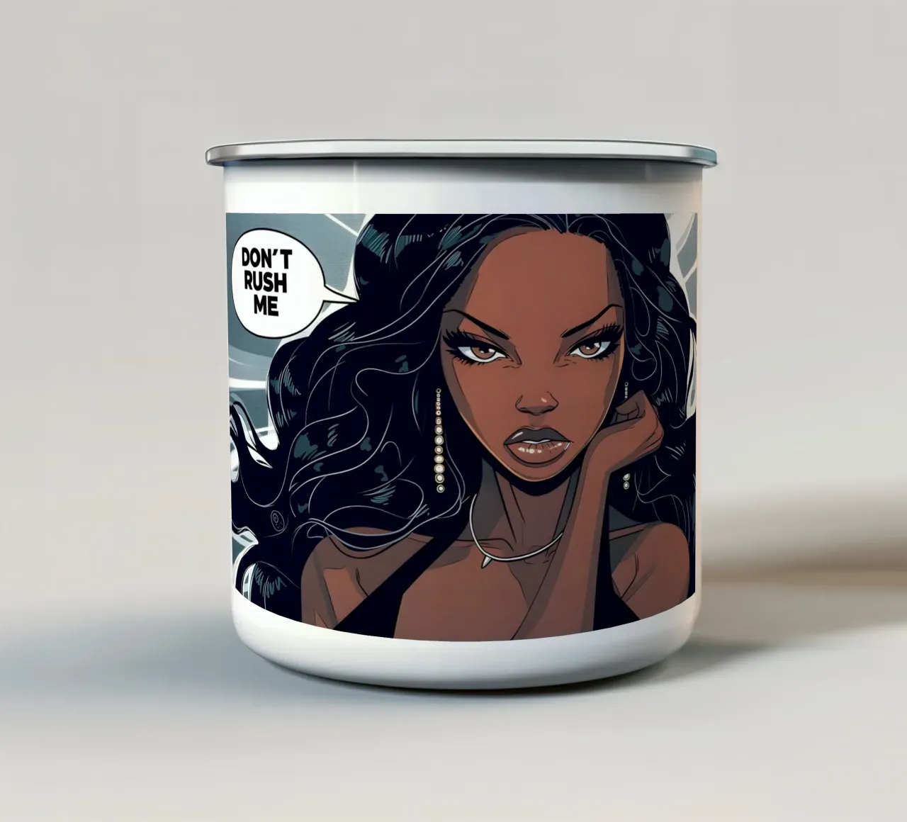 Fierce Pop: arte della donna del fumetto "Non mettermi fretta tazza in smalto da NorwesClub