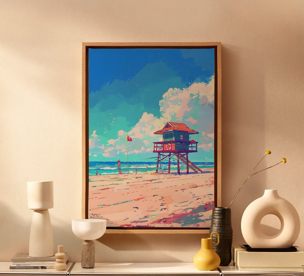 Giornata estiva in spiaggia: Torre del bagnino, stampa pop art costiera tela con Cornice a cassetta da NorwesClub