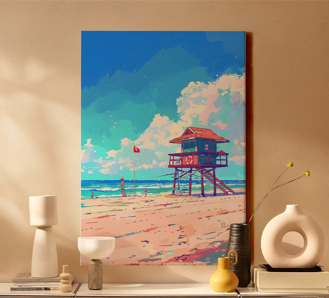 Giornata estiva in spiaggia: Torre del bagnino, stampa pop art costiera tela con Cornice a cassetta da NorwesClub