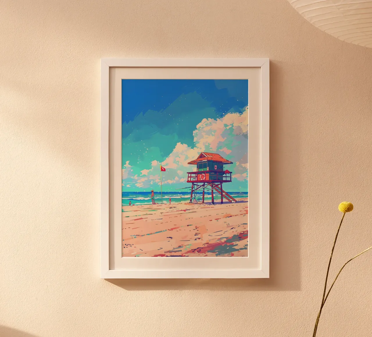 Giornata estiva in spiaggia: Torre del bagnino, stampa pop art costiera poster con telaio in plastica da NorwesClub