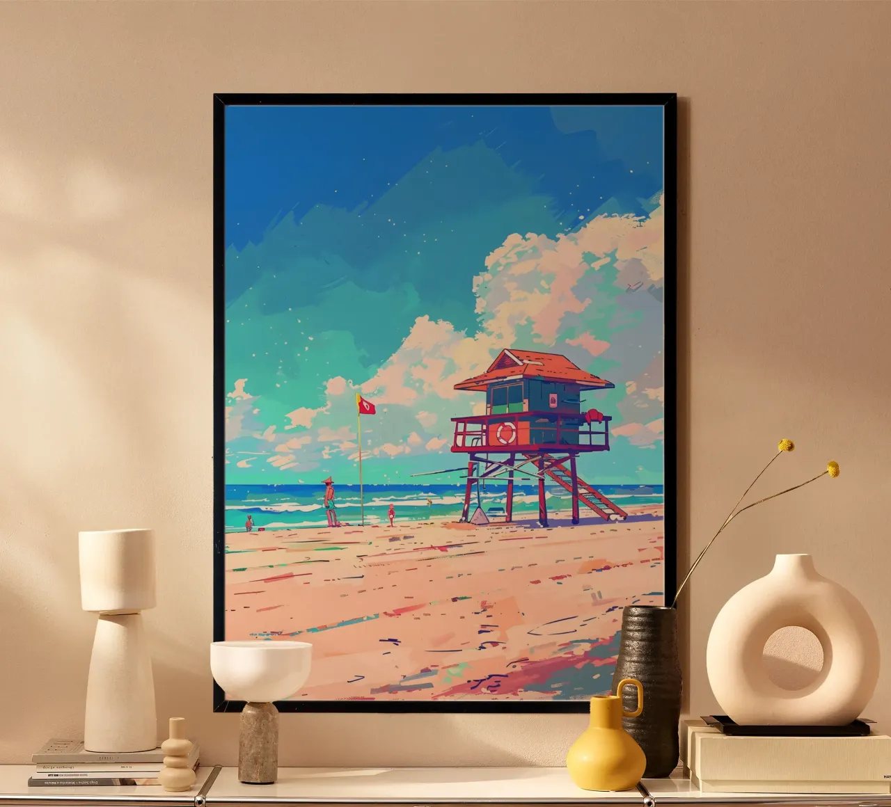 Giornata estiva in spiaggia: Torre del bagnino, stampa pop art costiera poster con telaio in plastica da NorwesClub