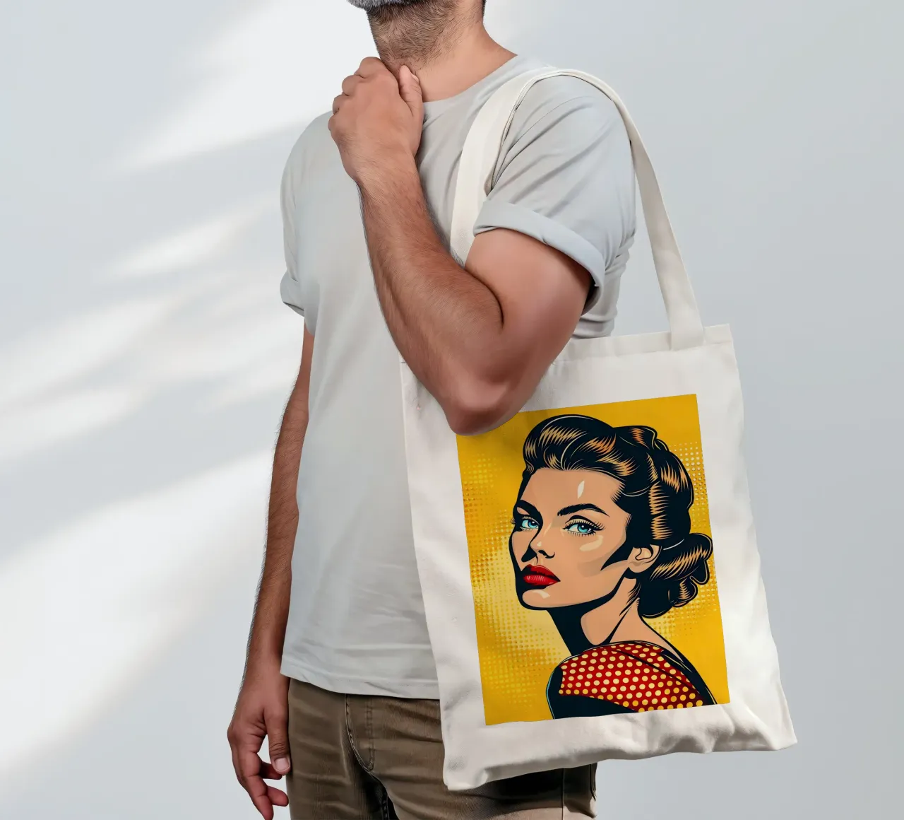 Sguardo sicuro: Ritratto pop art, stampa retrò a fumetti borsa in juta da NorwesClub