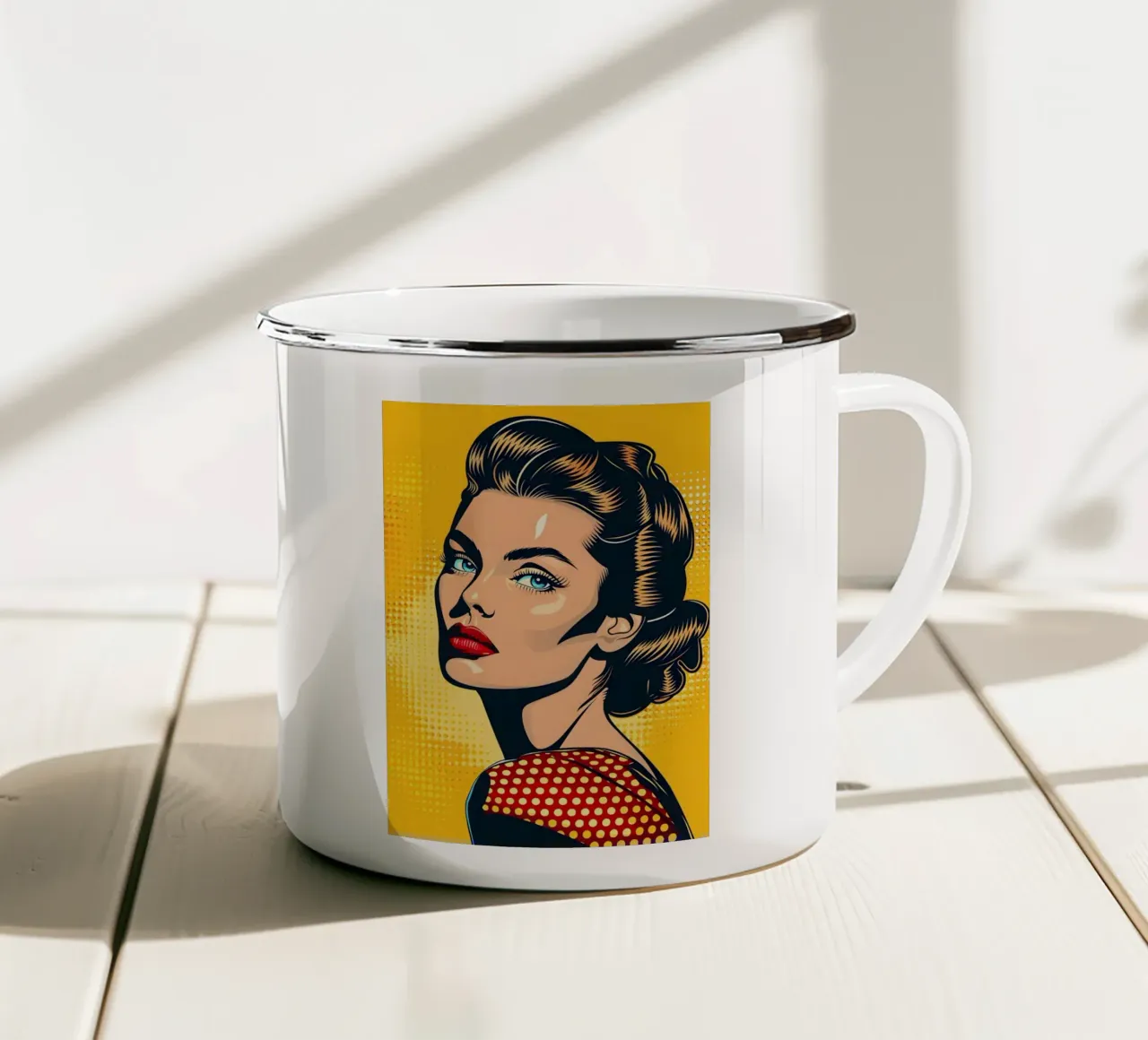 Sguardo sicuro: Ritratto pop art, stampa retrò a fumetti tazza in smalto da NorwesClub