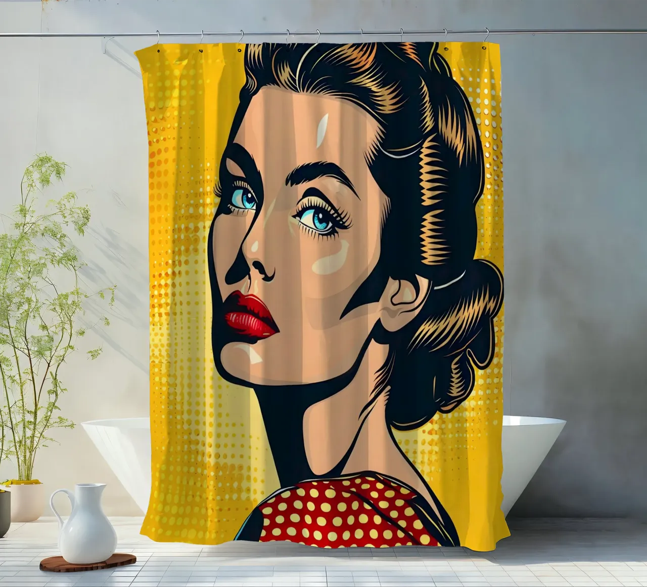 Sguardo sicuro: Ritratto pop art, stampa retrò a fumetti tenda da doccia da NorwesClub