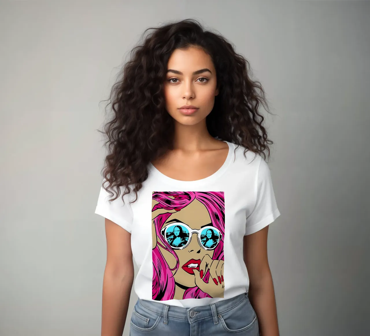 Mona Lisa-Farben: Pop-Art-Frau, rosa Haare und ikonischer Twist Frauen T-Shirt von NorwesClub