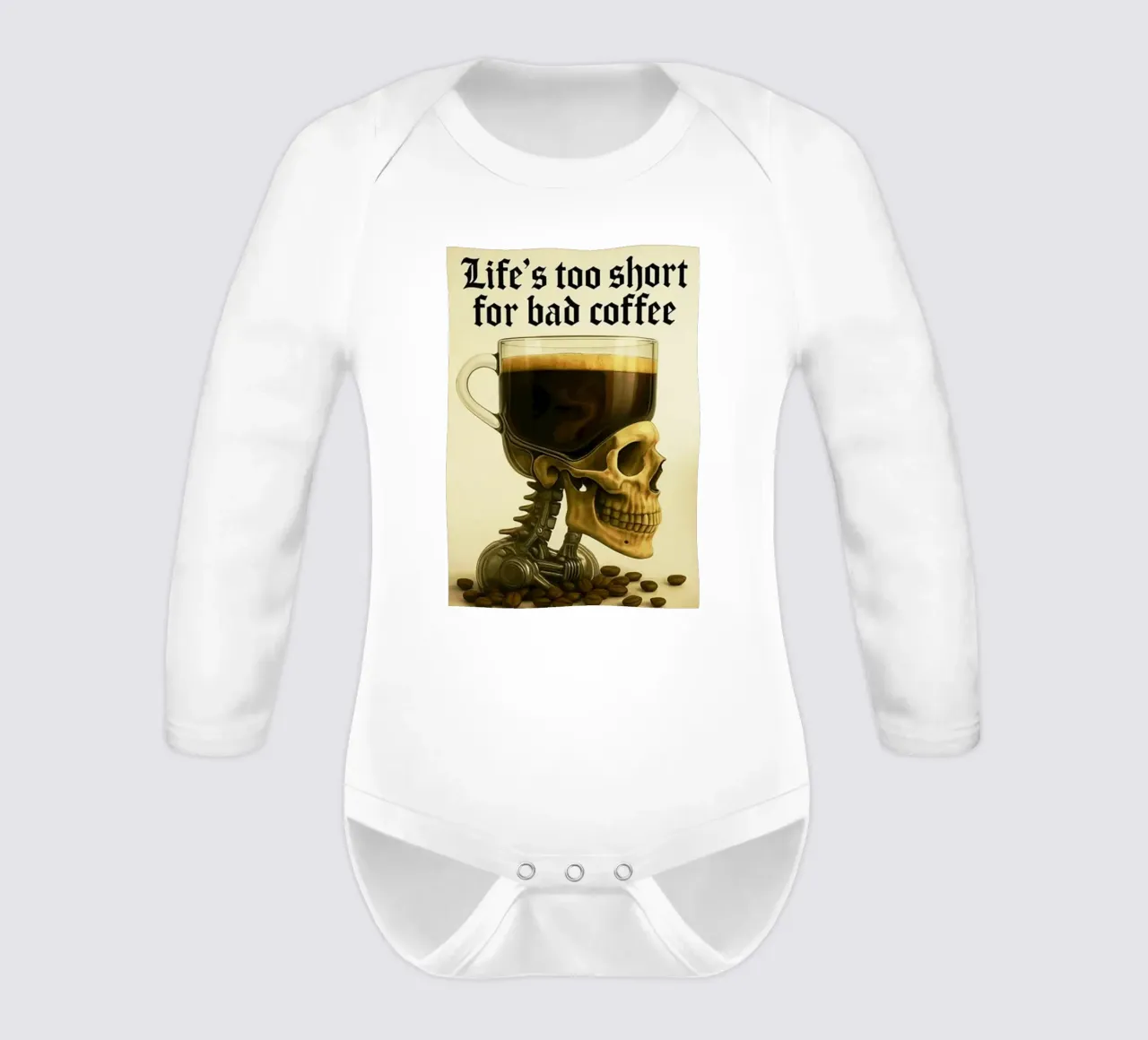 life to short for bad coffee long-sleeve baby romper by Rawghenee