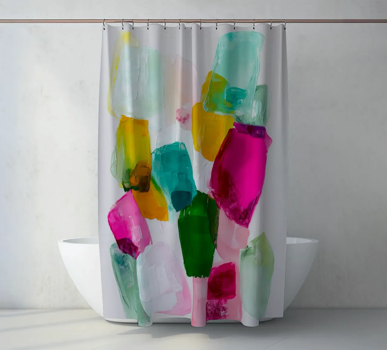 Dynamic colour fields shower curtain by Carinaprint