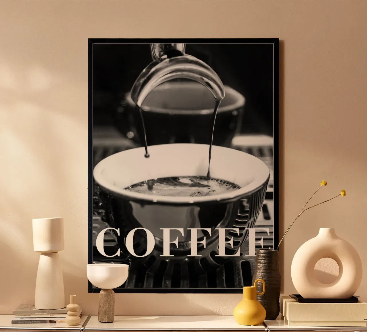 máquina de café poster con marco de madera de Abstract Botanical Art