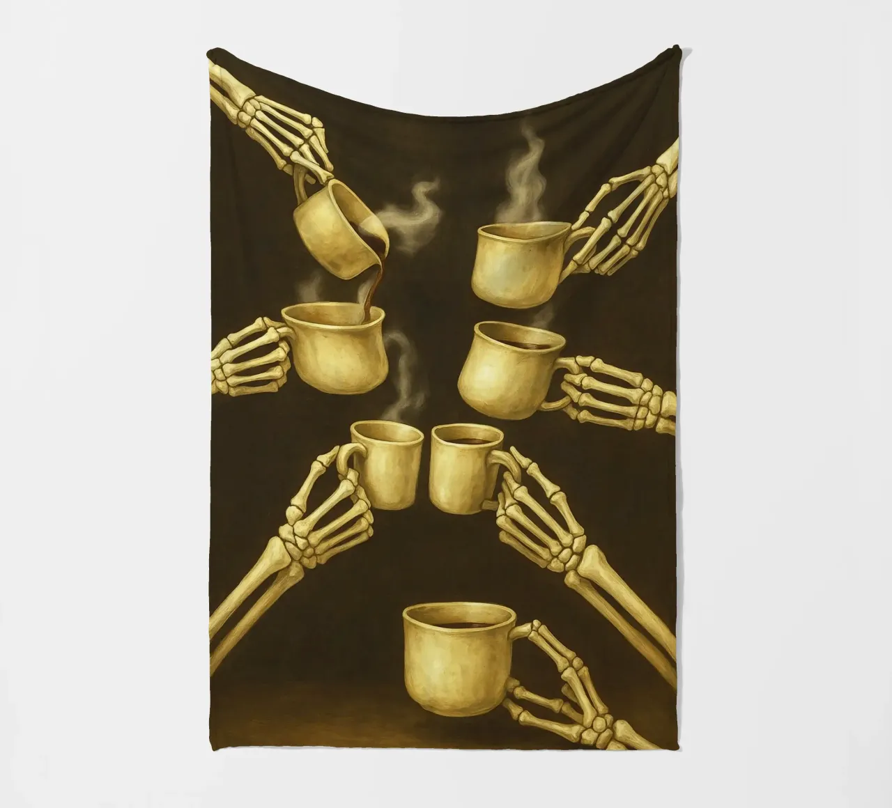 Scheletro con caffè in mano coperta in pile da Rawghenee