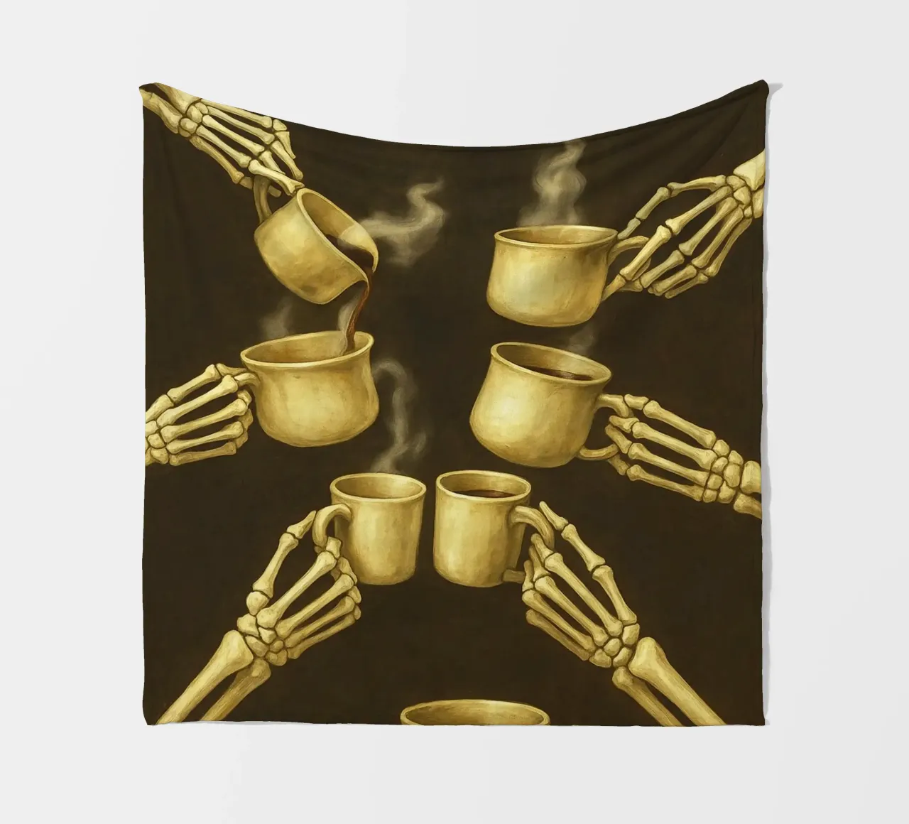 Scheletro con caffè in mano coperta in pile da Rawghenee