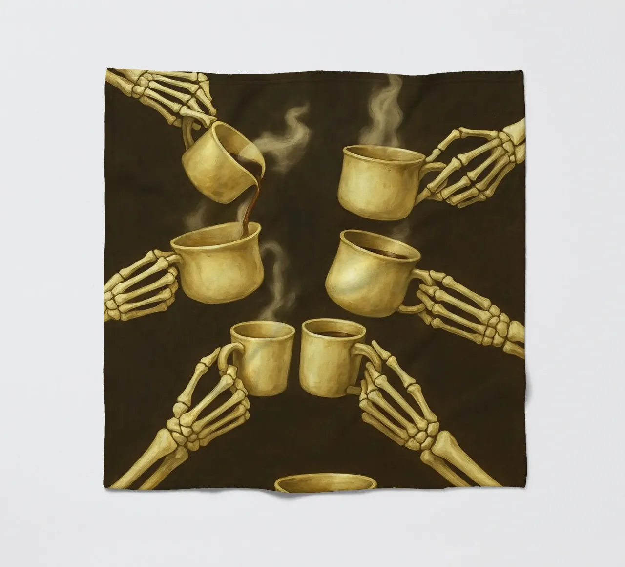 Scheletro con caffè in mano coperta in pile da Rawghenee