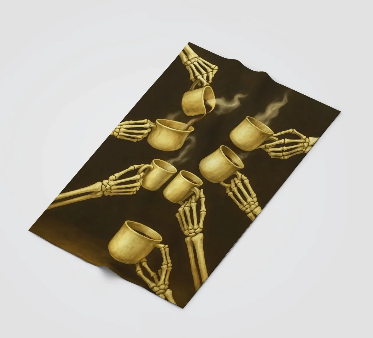 Scheletro con caffè in mano coperta in pile da Rawghenee