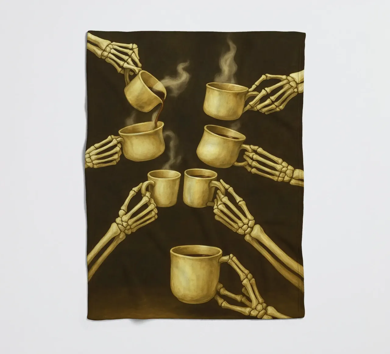Scheletro con caffè in mano coperta in pile da Rawghenee