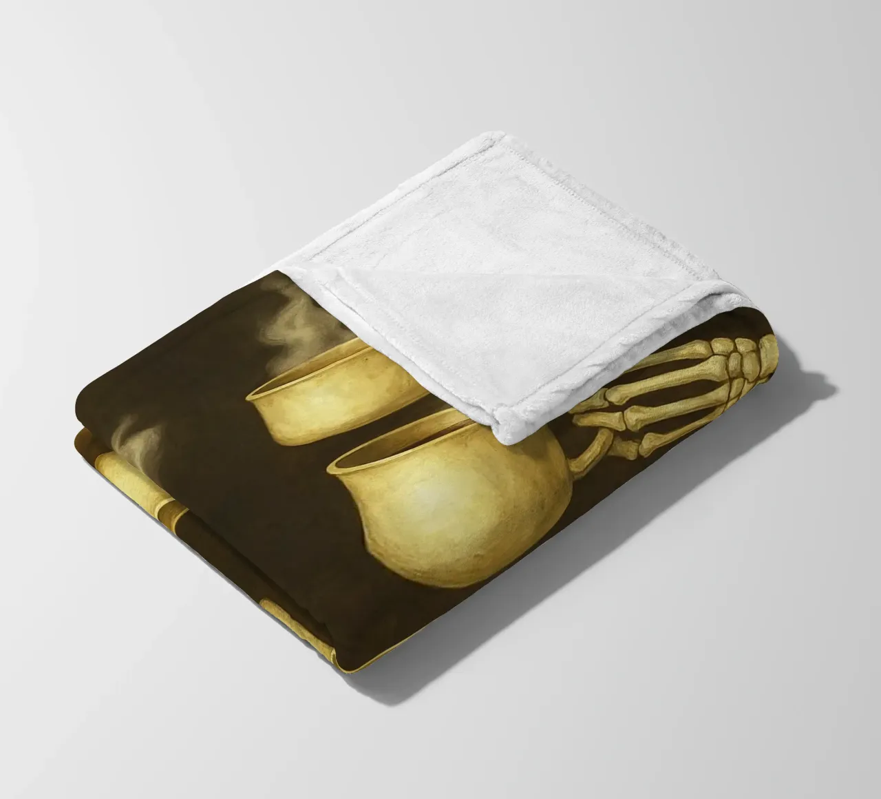 Scheletro con caffè in mano coperta in pile da Rawghenee