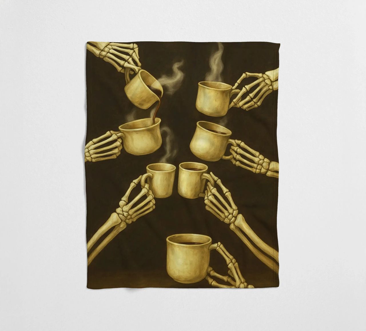 Scheletro con caffè in mano coperta in pile da Rawghenee
