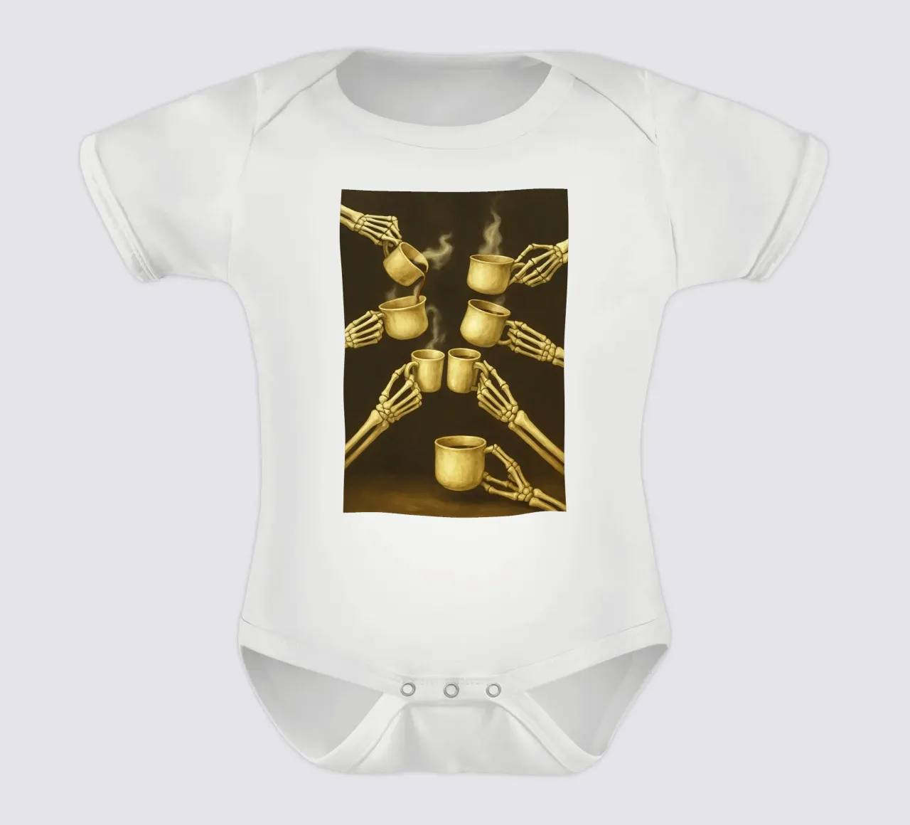 Scheletro con caffè in mano body neonato maniche corte da Rawghenee