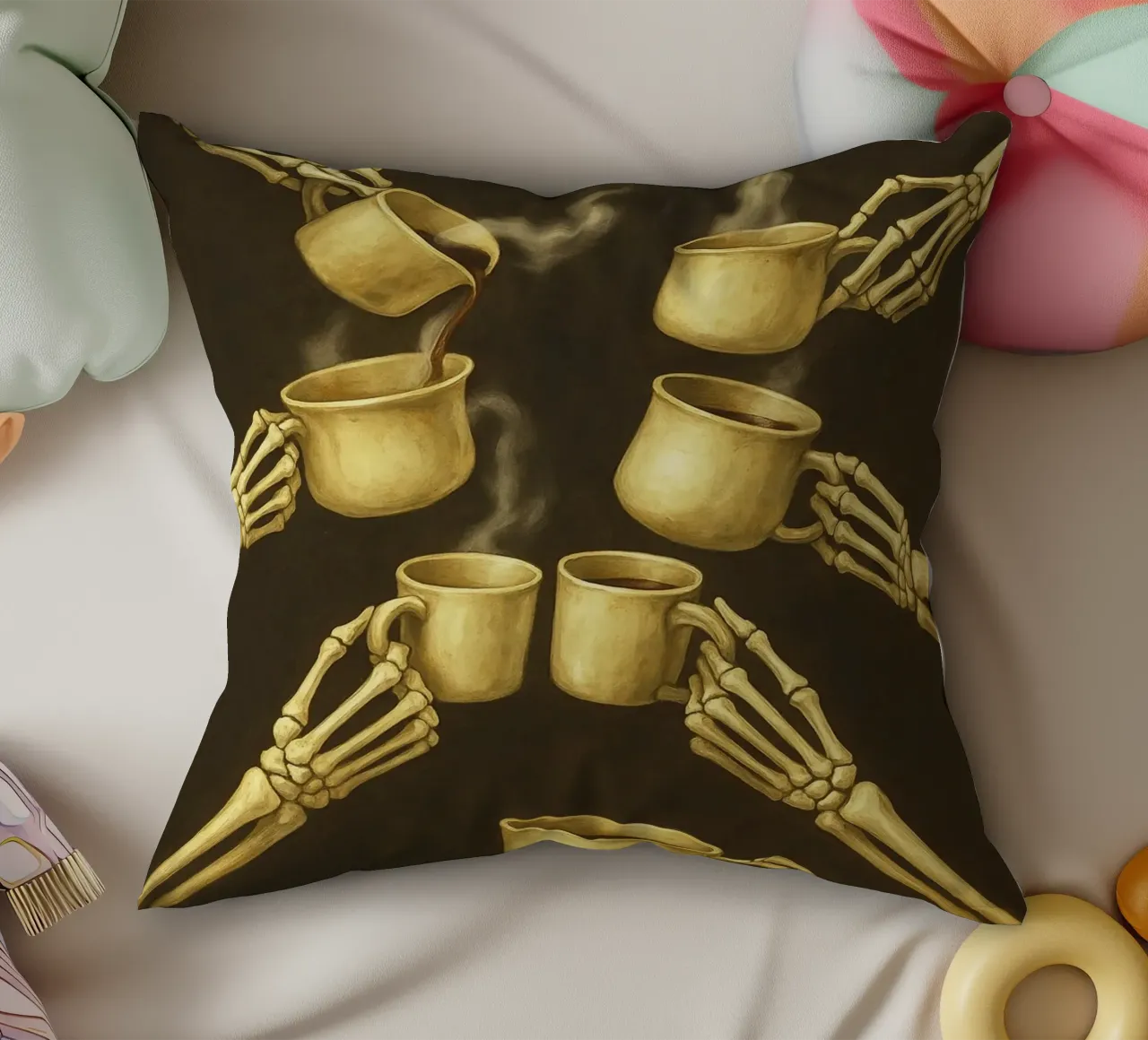 Scheletro con caffè in mano cuscino da Rawghenee