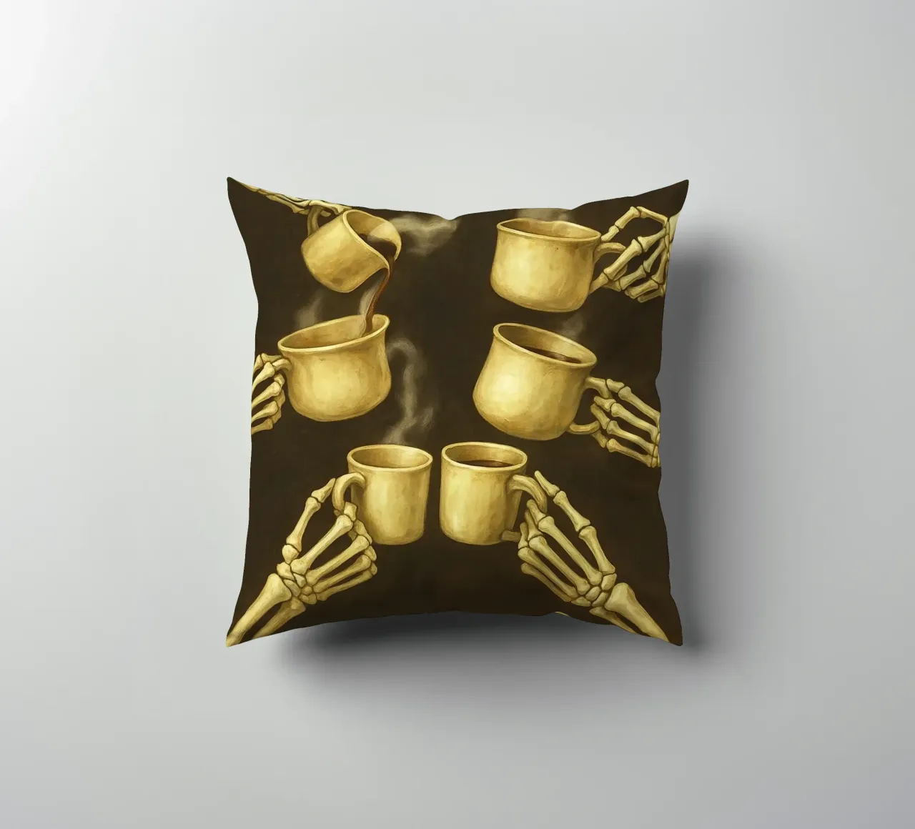 Squelette tenant un café coussin de Rawghenee
