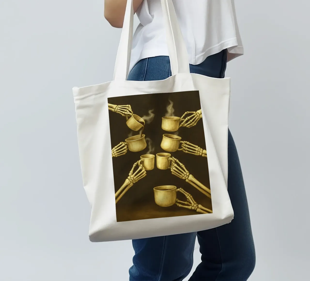 Scheletro con caffè in mano borsa in juta da Rawghenee