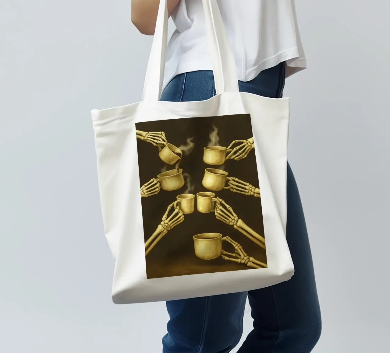 Skeleton Holding Coffee tote bag by Rawghenee