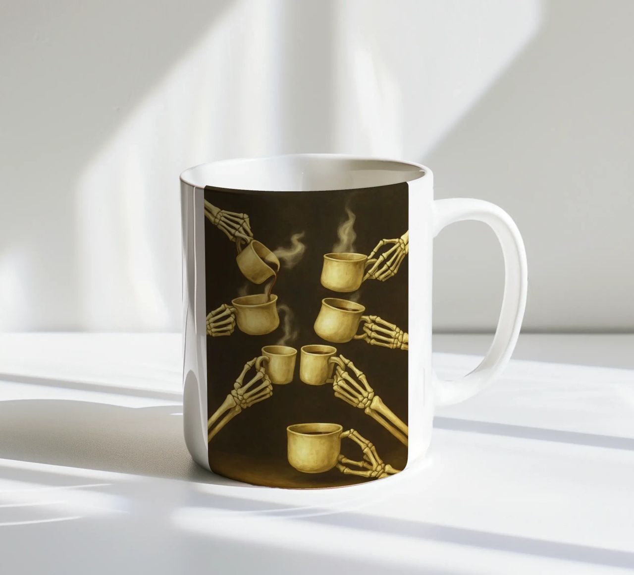 Scheletro con caffè in mano tazza in ceramica da Rawghenee