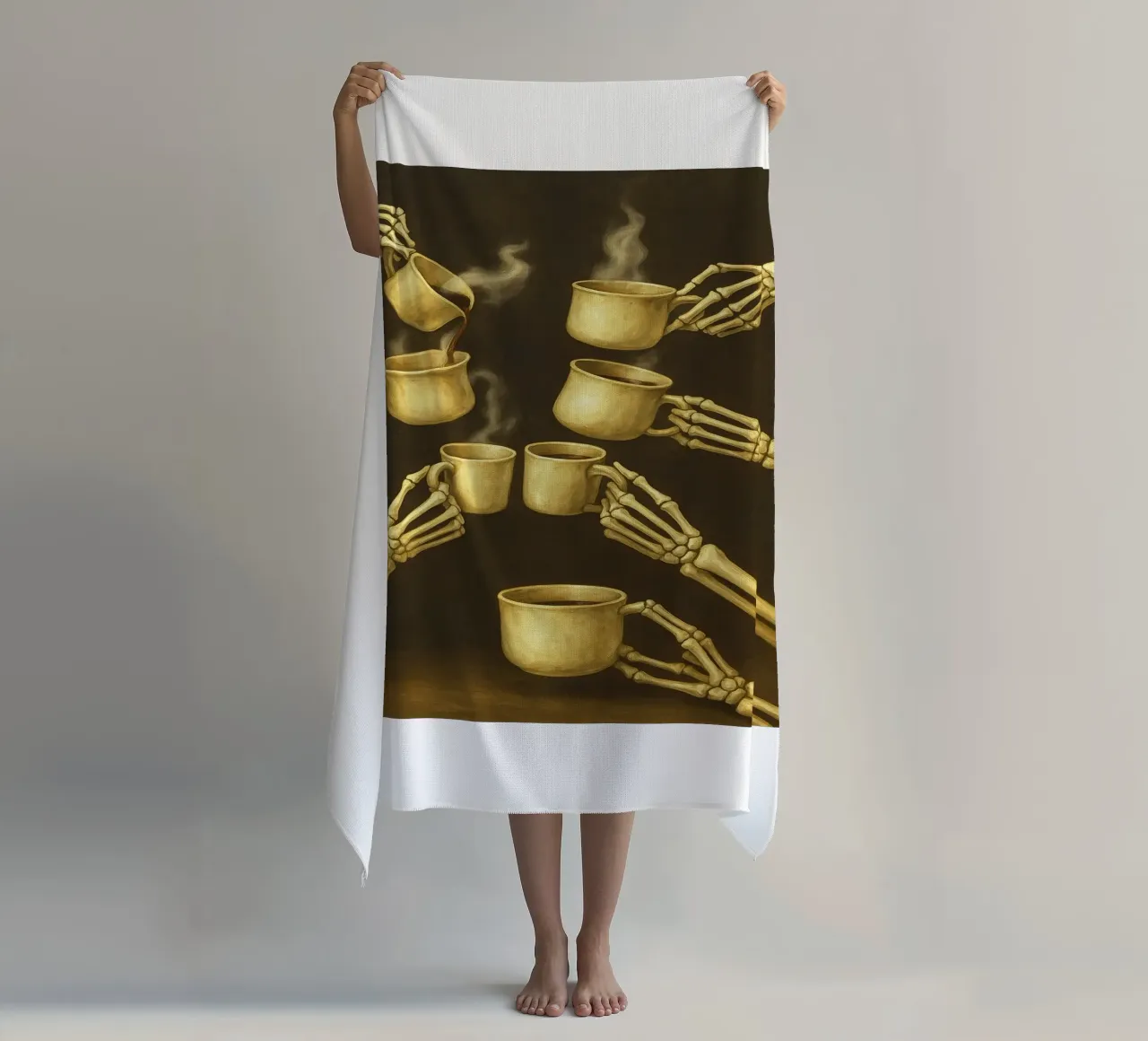 Scheletro con caffè in mano telo mare da Rawghenee