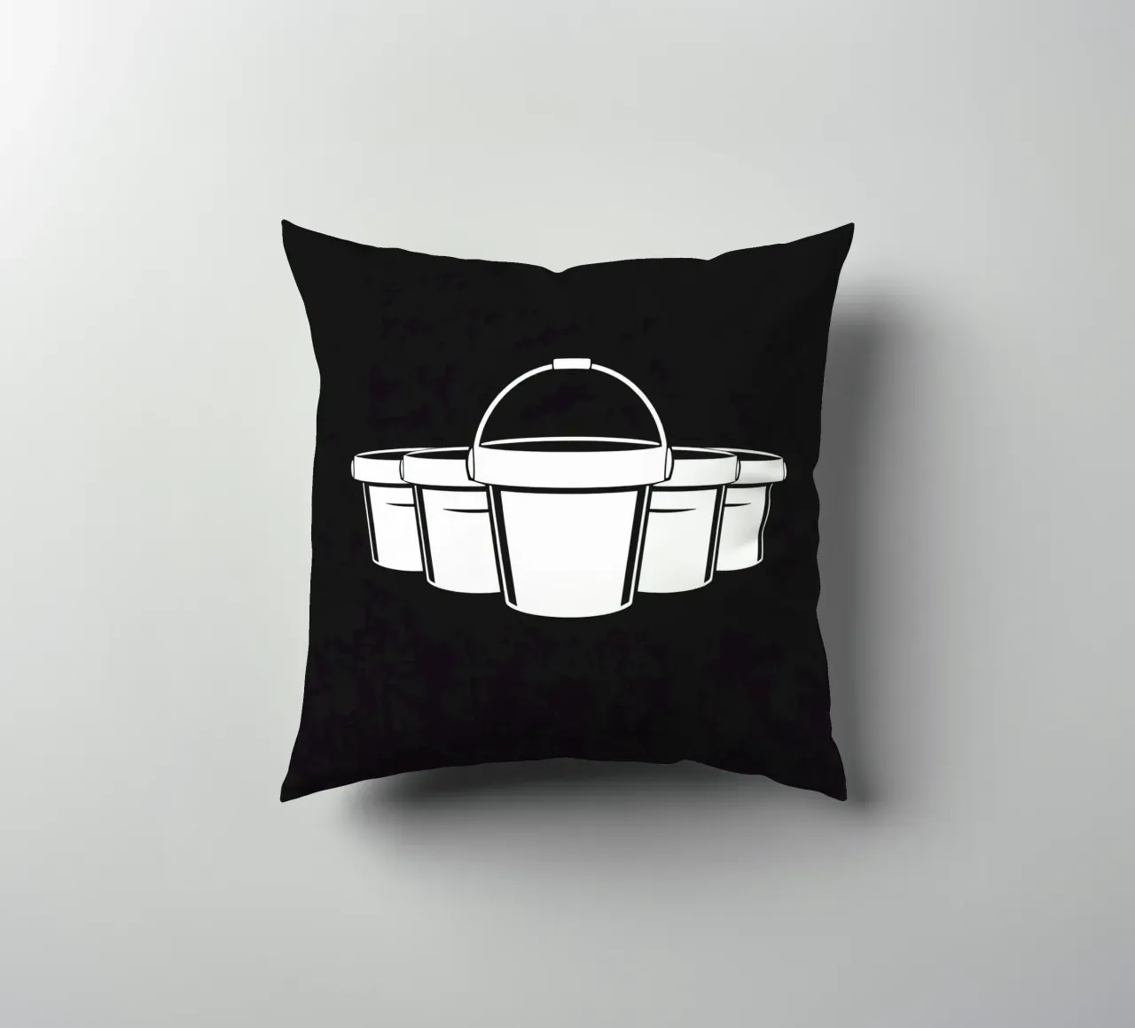 Five simple white buckets arranged in a circular pattern decorative cushion by DesignDoodle