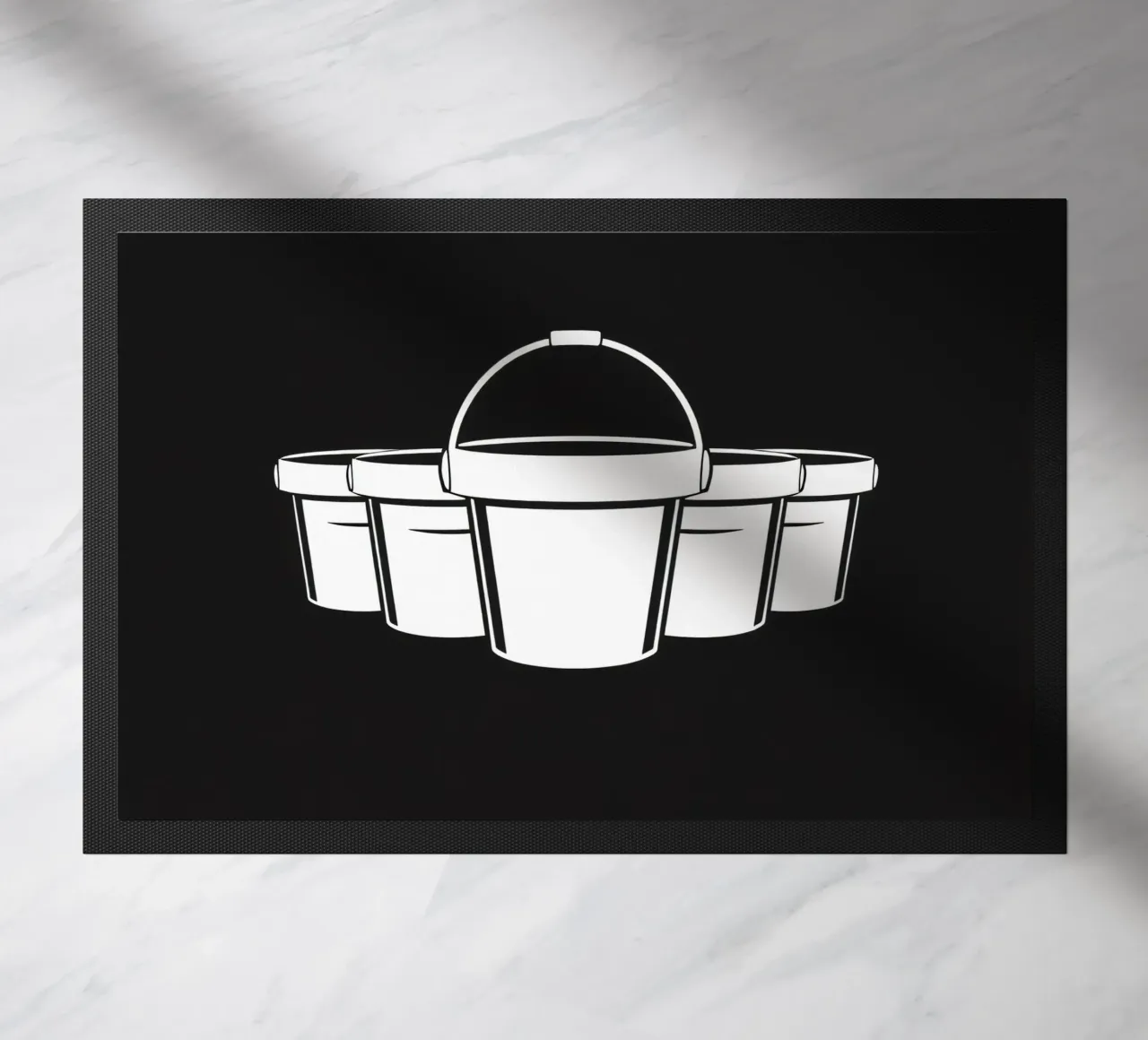 Five simple white buckets arranged in a circular pattern doormat by DesignDoodle