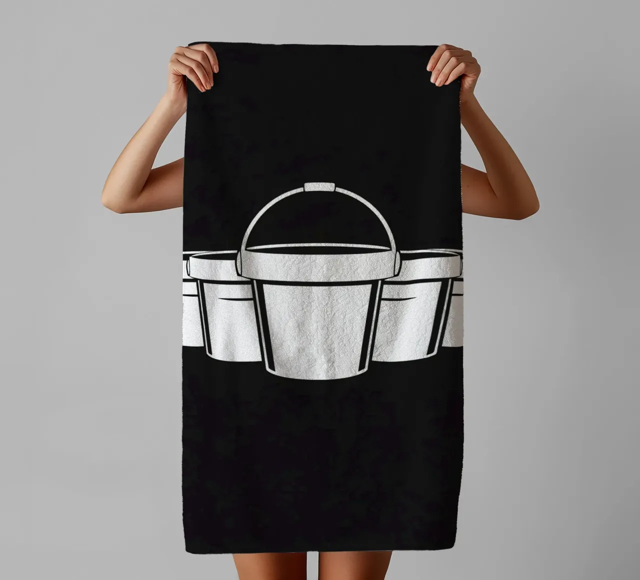 Five simple white buckets arranged in a circular pattern towel by DesignDoodle