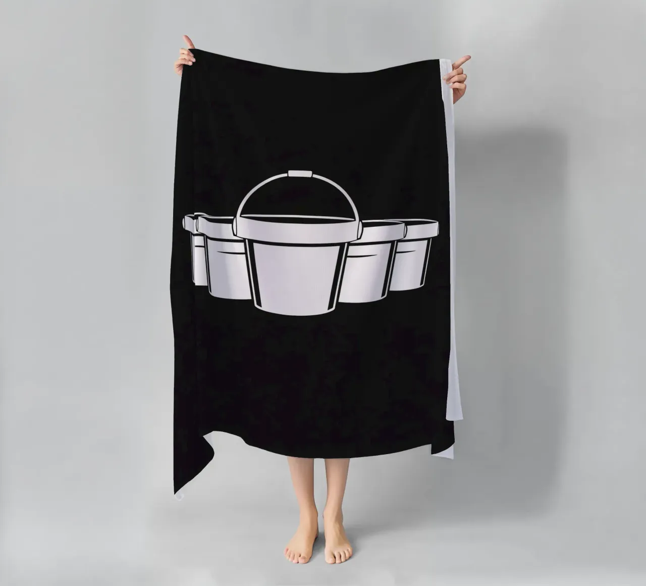 Five simple white buckets arranged in a circular pattern beach towel by DesignDoodle