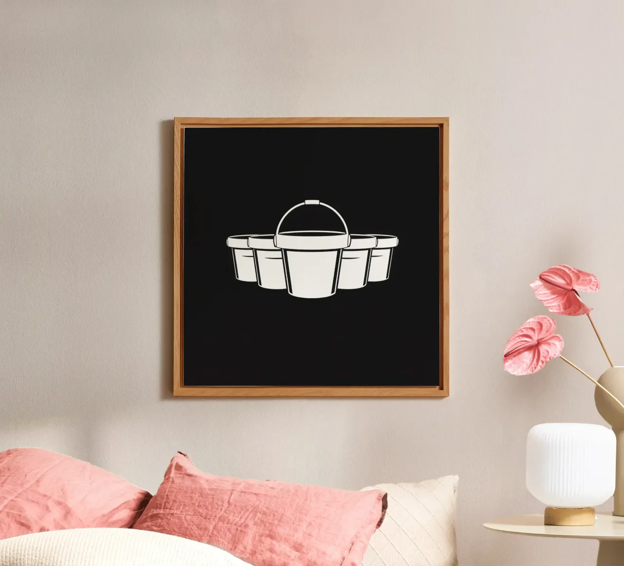 Five simple white buckets arranged in a circular pattern alu-dibond by DesignDoodle