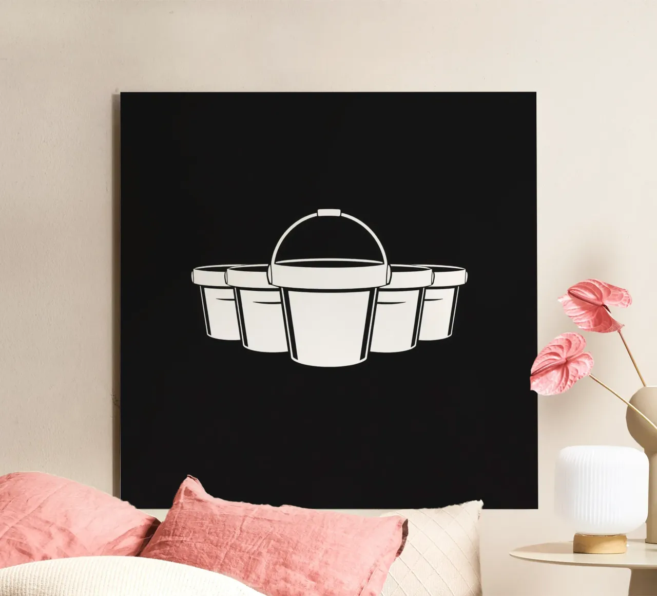 Five simple white buckets arranged in a circular pattern alu-dibond by DesignDoodle