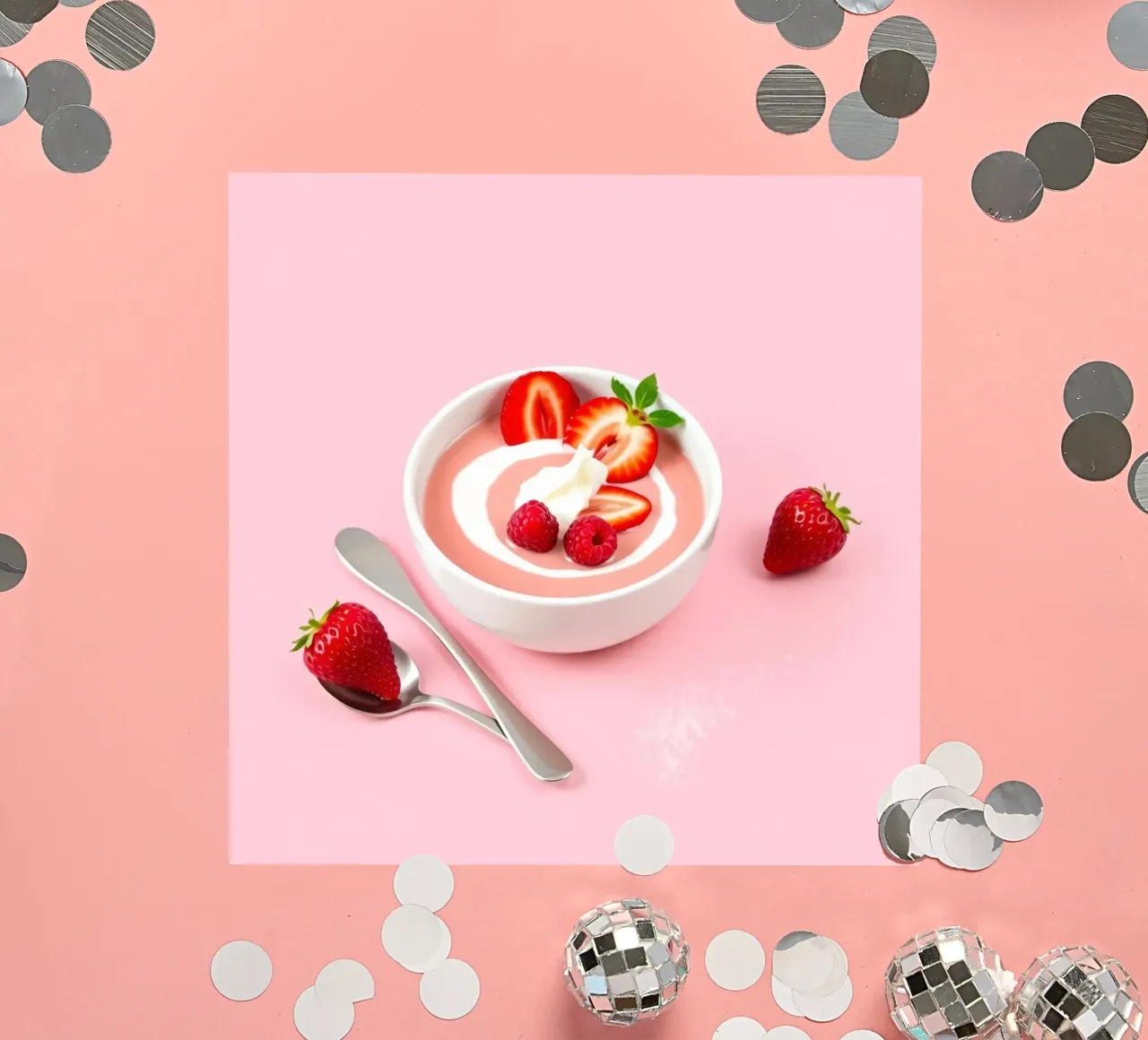 Deliziosa coppa di yogurt alla fragola guarnita di fresco adesivo da DesignDoodle