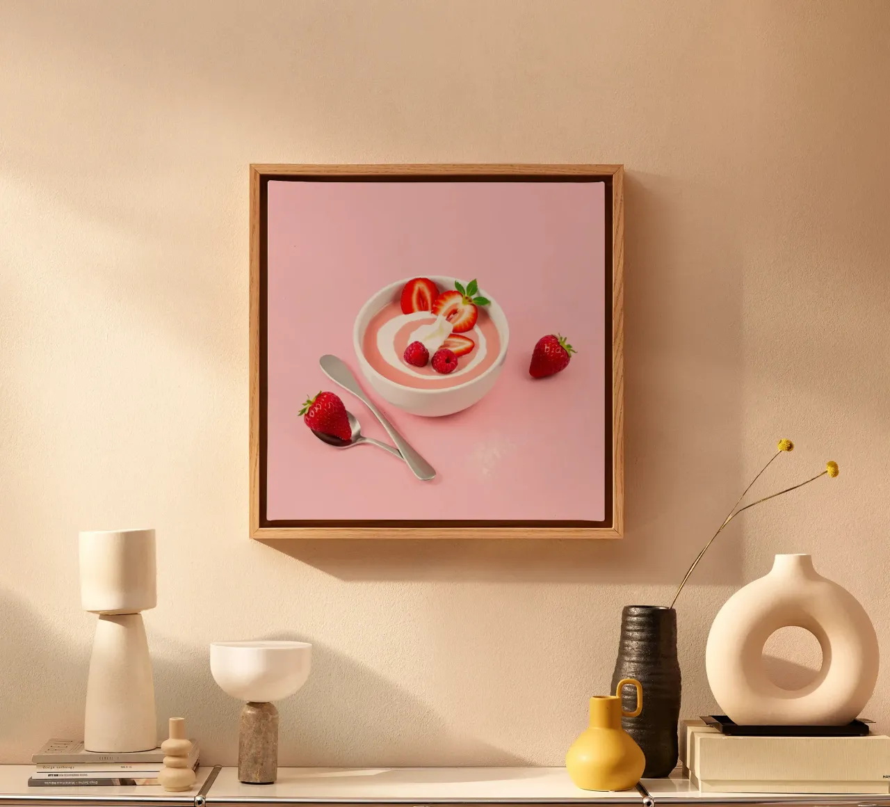 Deliziosa coppa di yogurt alla fragola guarnita di fresco tela con Cornice a cassetta da DesignDoodle