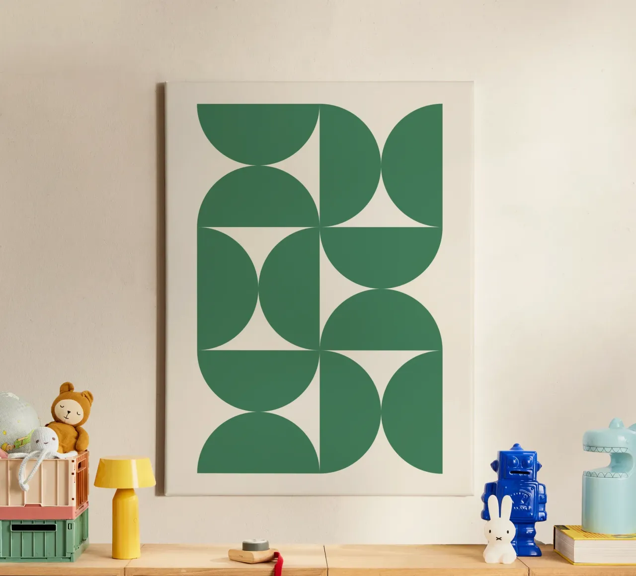Bauhuas Green Semi-Circles Pattern canvas by Paigaam Studio