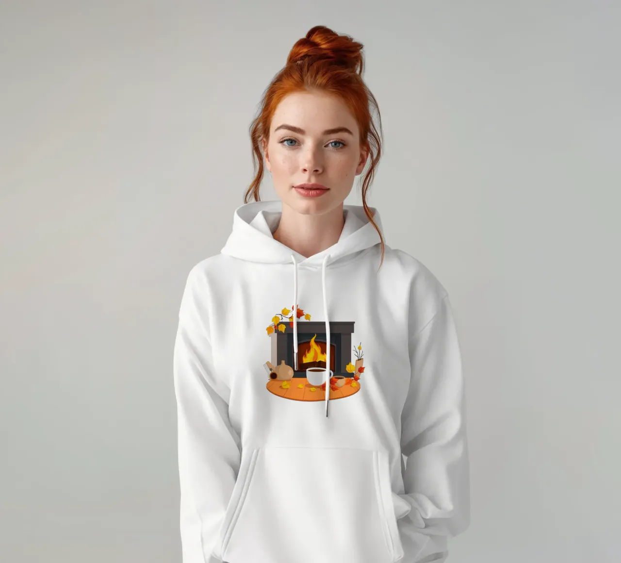 Un cadre automnal douillet avec une cheminée chaleureuse, un café fumant sweat à capuche de DesignDoodle