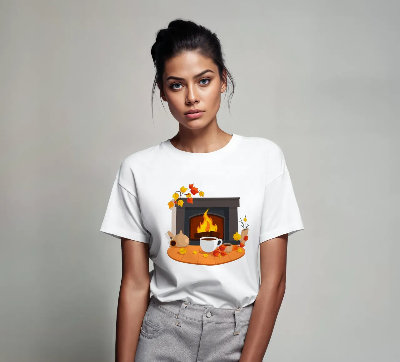 Un cadre automnal douillet avec une cheminée chaleureuse, un café fumant t-shirt de DesignDoodle